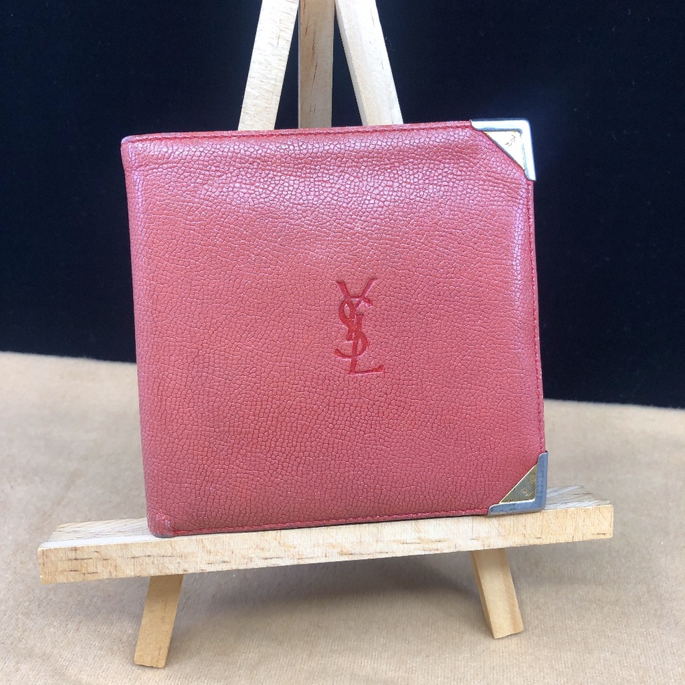 Yves Saint Laurent Red Leather Bifold Wallet with Silver Corners
